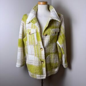 GARCONNE Plaid Oversized Button Up Teddy Bear Shacket CREAM-GREEN / MEDIUM